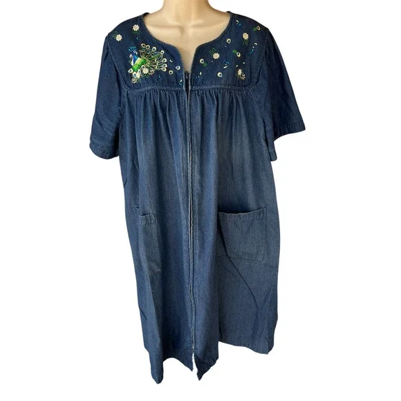 Go Softly Chambray Denim Patio Dress Zip Front Embroidered Pockets Womens XL - Picture 2 of 9